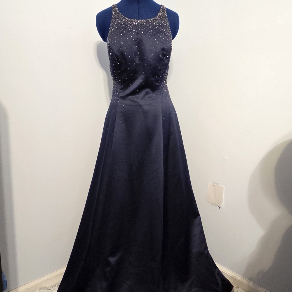Vintage 90s Navy Blue Backless Beaded Gown Size 10